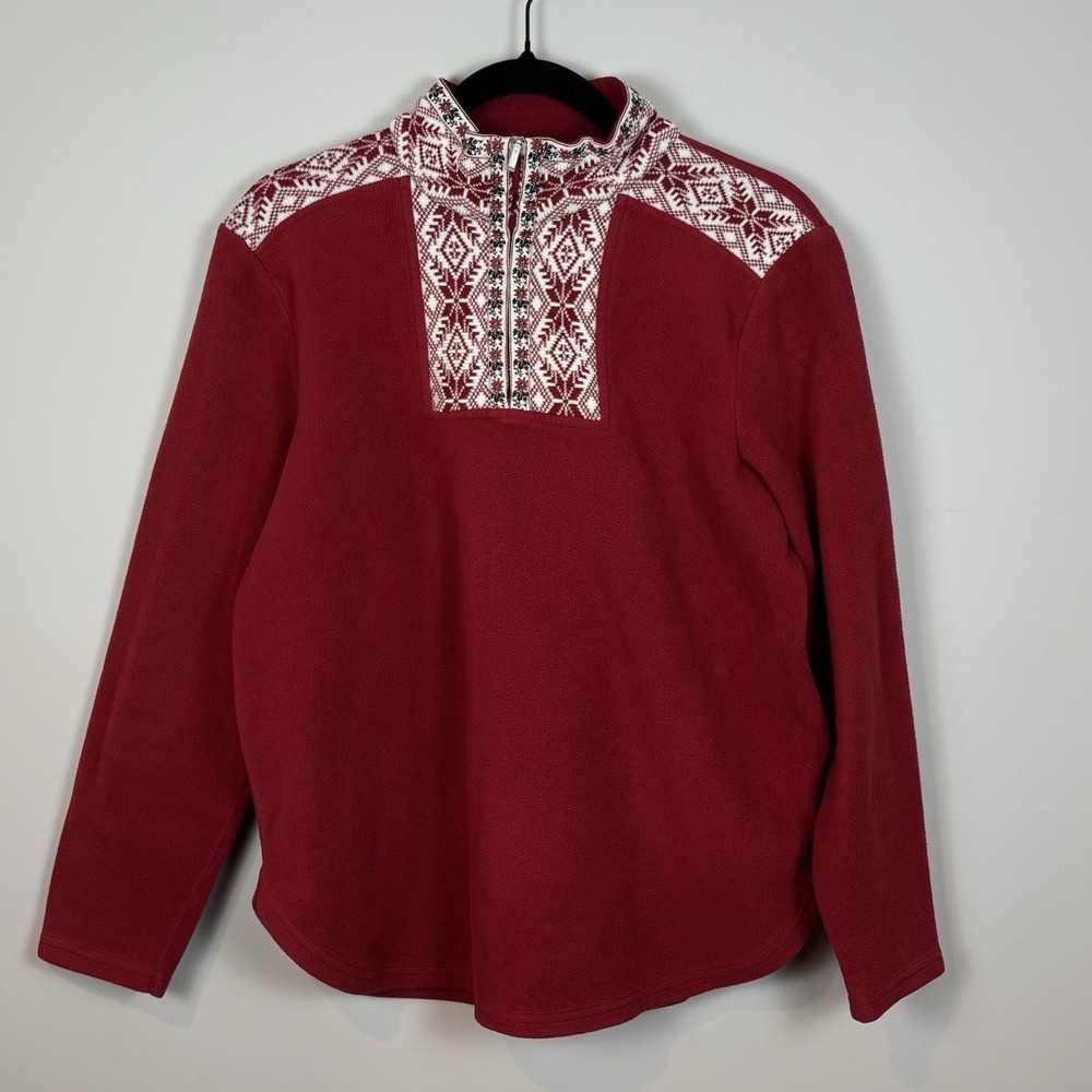Vtg LL Bean Red Fleece Pullover Snowflake‎ Trim Womens Sweatshirt Small 90s